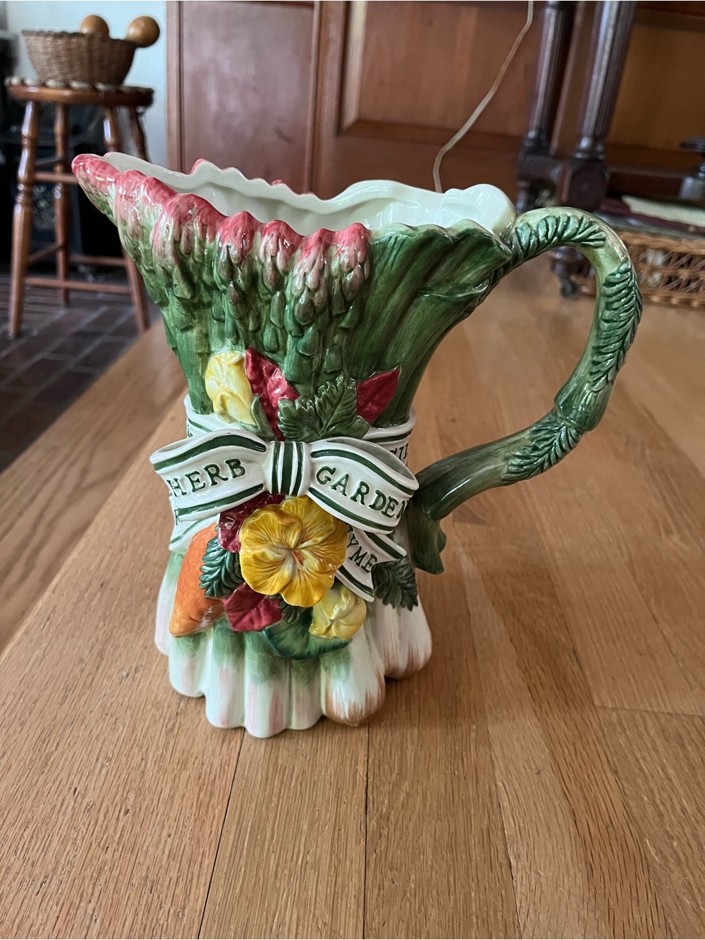 Fitz and Floyd Ceramic Herb Bundle Pitcher in Green, Pink and Yellow - Picture 8 of 9